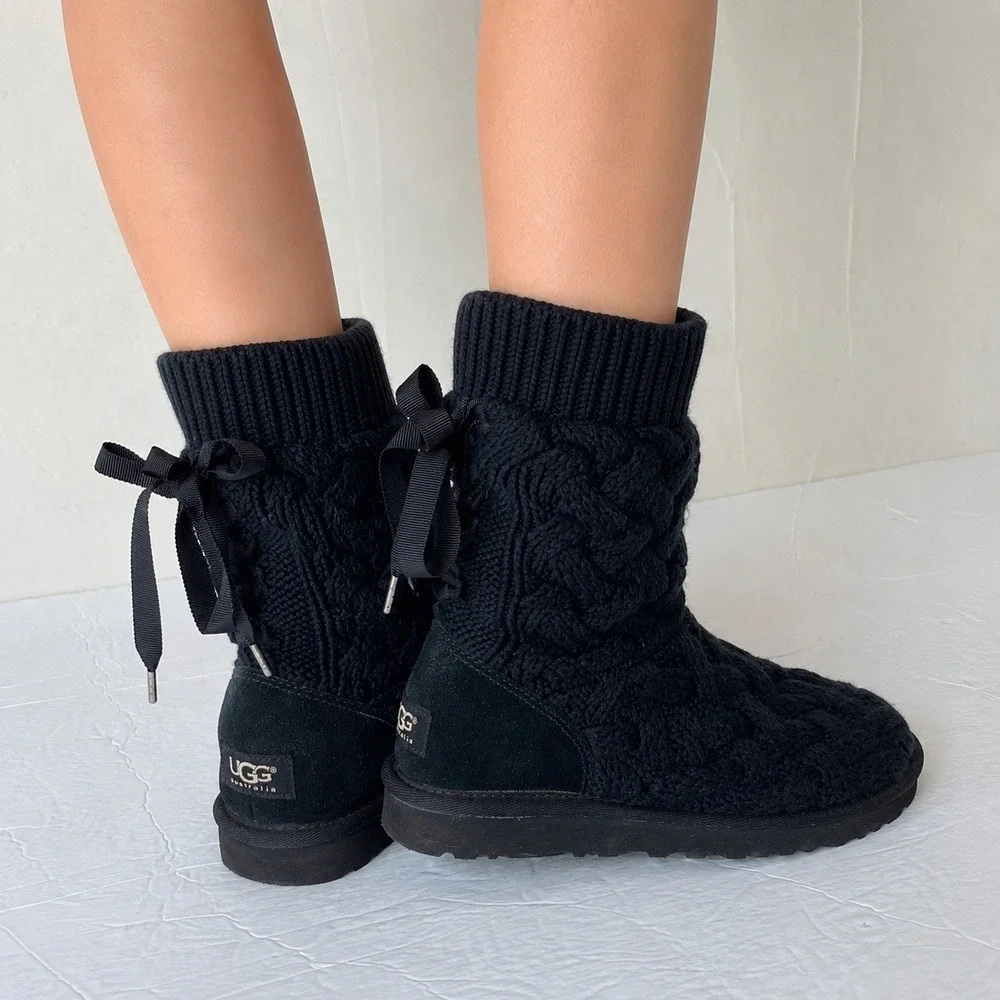 UGG Isla Knit Sweater Boots Womens 7 Ribbon Bow Chunky Cable Knit Designer
